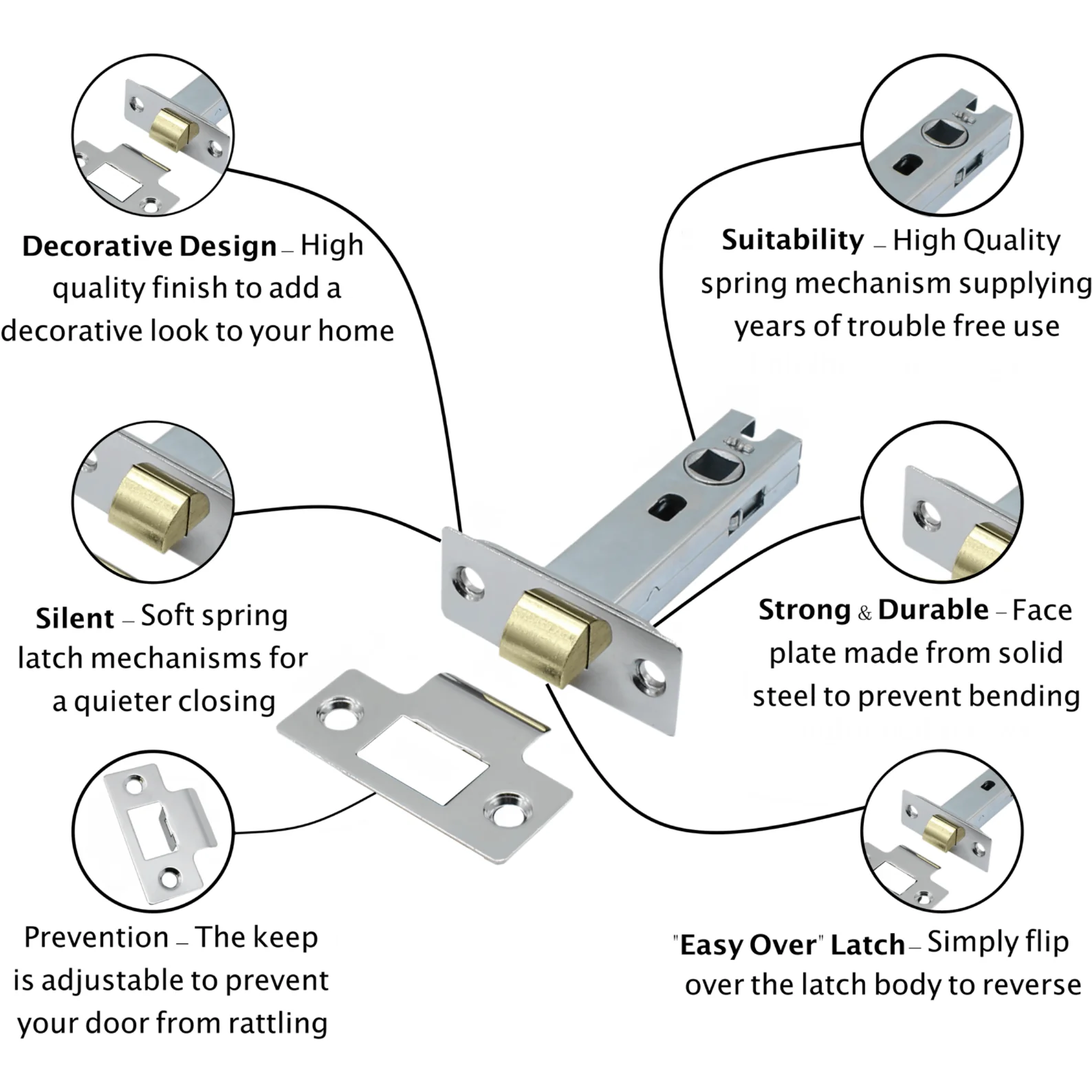 3 inch/76mm Economy Tubular Latch - 57mm Backset - Chrome - Image 2