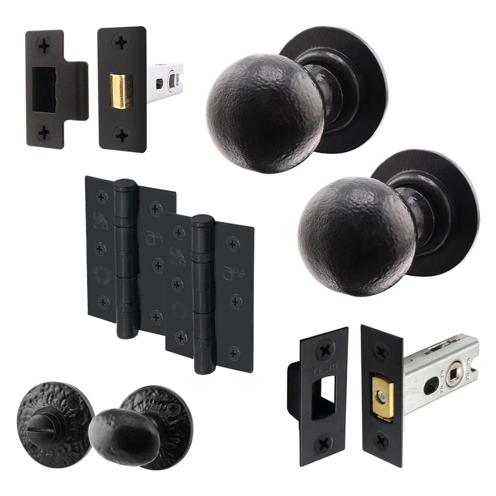 Tudor Black Iron Mortice/Rim Door Knob Kit - 76mm Bathroom Deadbolt & Latch - 76mm Hinges