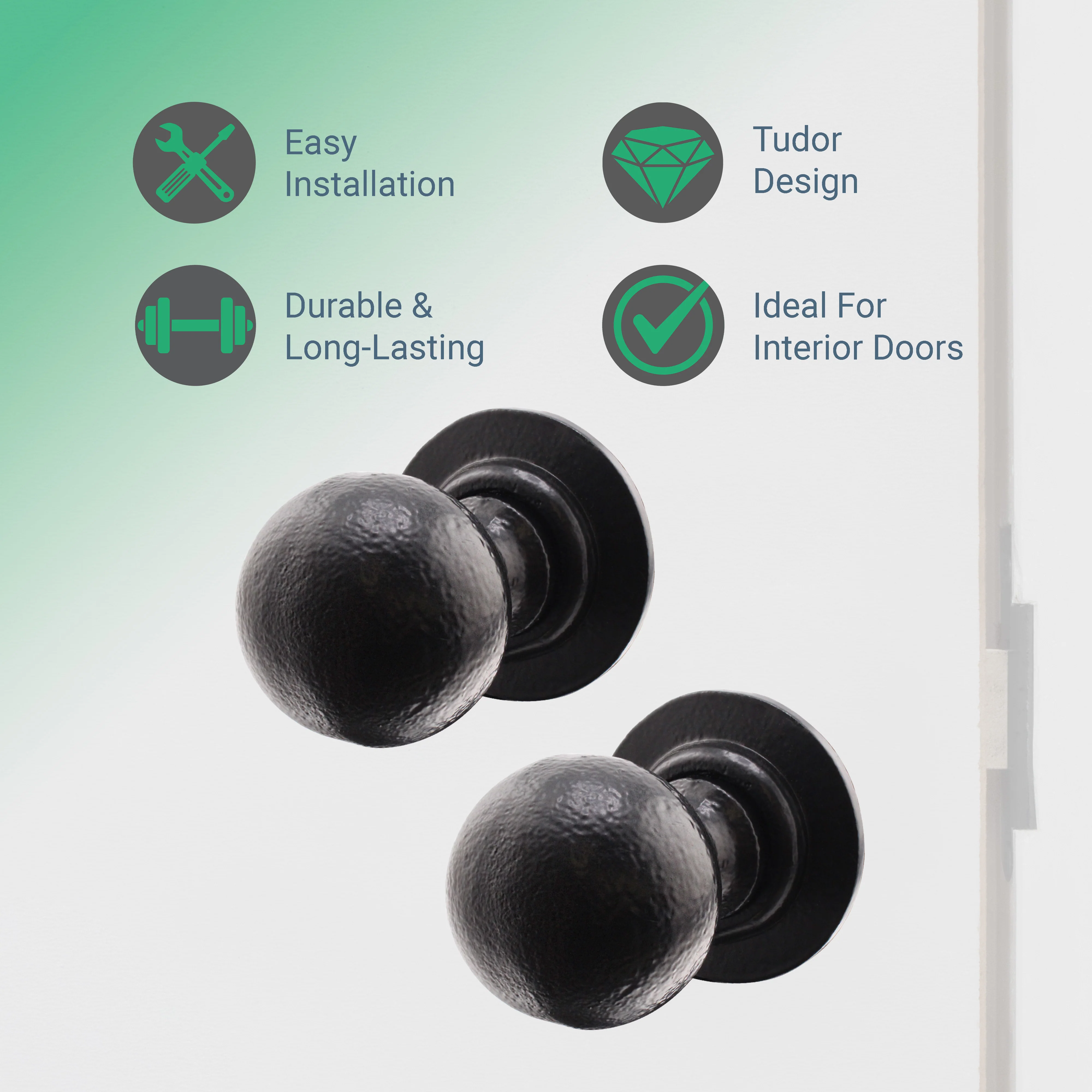 Tudor Black Iron Mortice/Rim Door Knob Kit - 76mm Bathroom Deadbolt & Latch - 76mm Hinges - Image 2