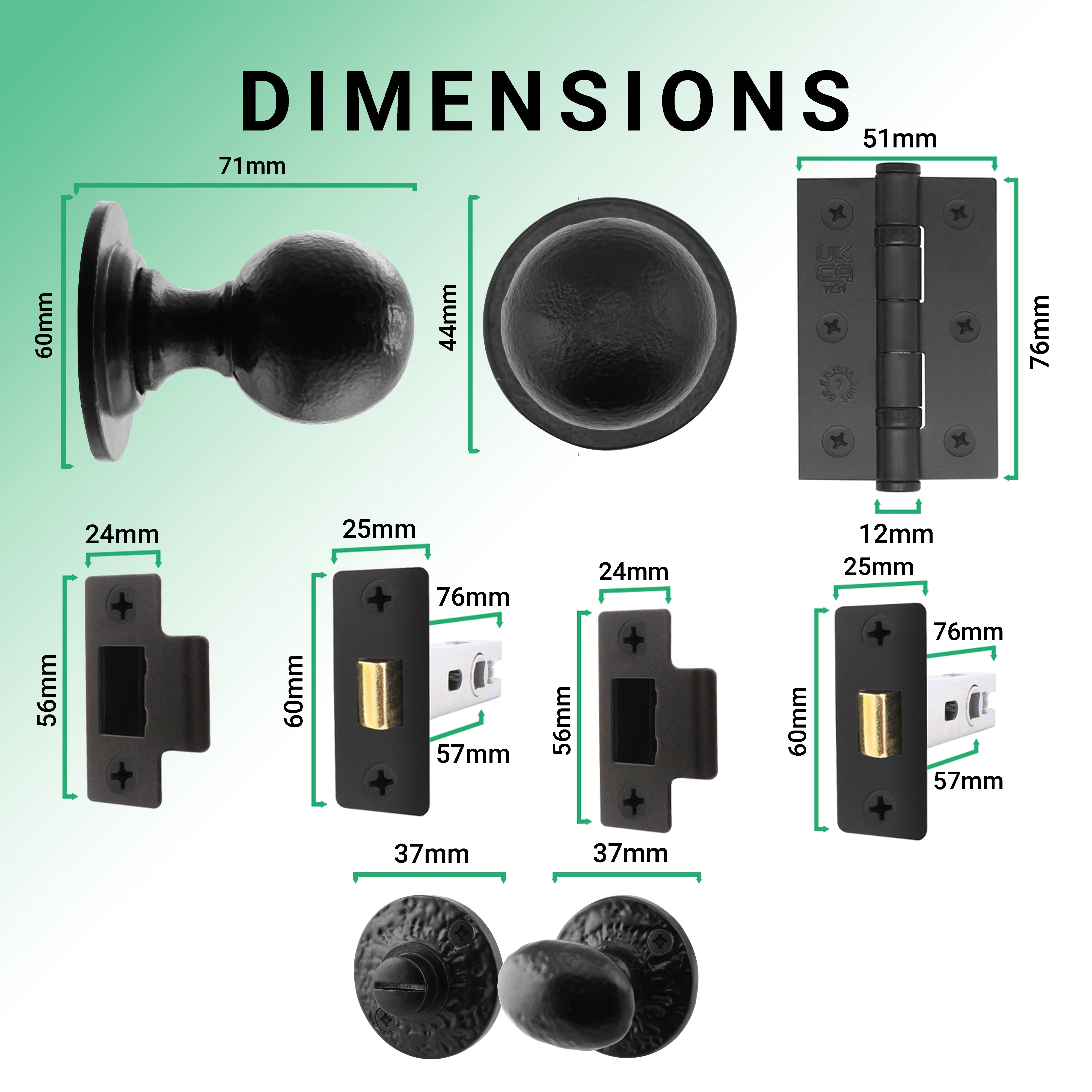 Tudor Black Iron Mortice/Rim Door Knob Kit - 76mm Bathroom Deadbolt & Latch - 76mm Hinges - Image 3