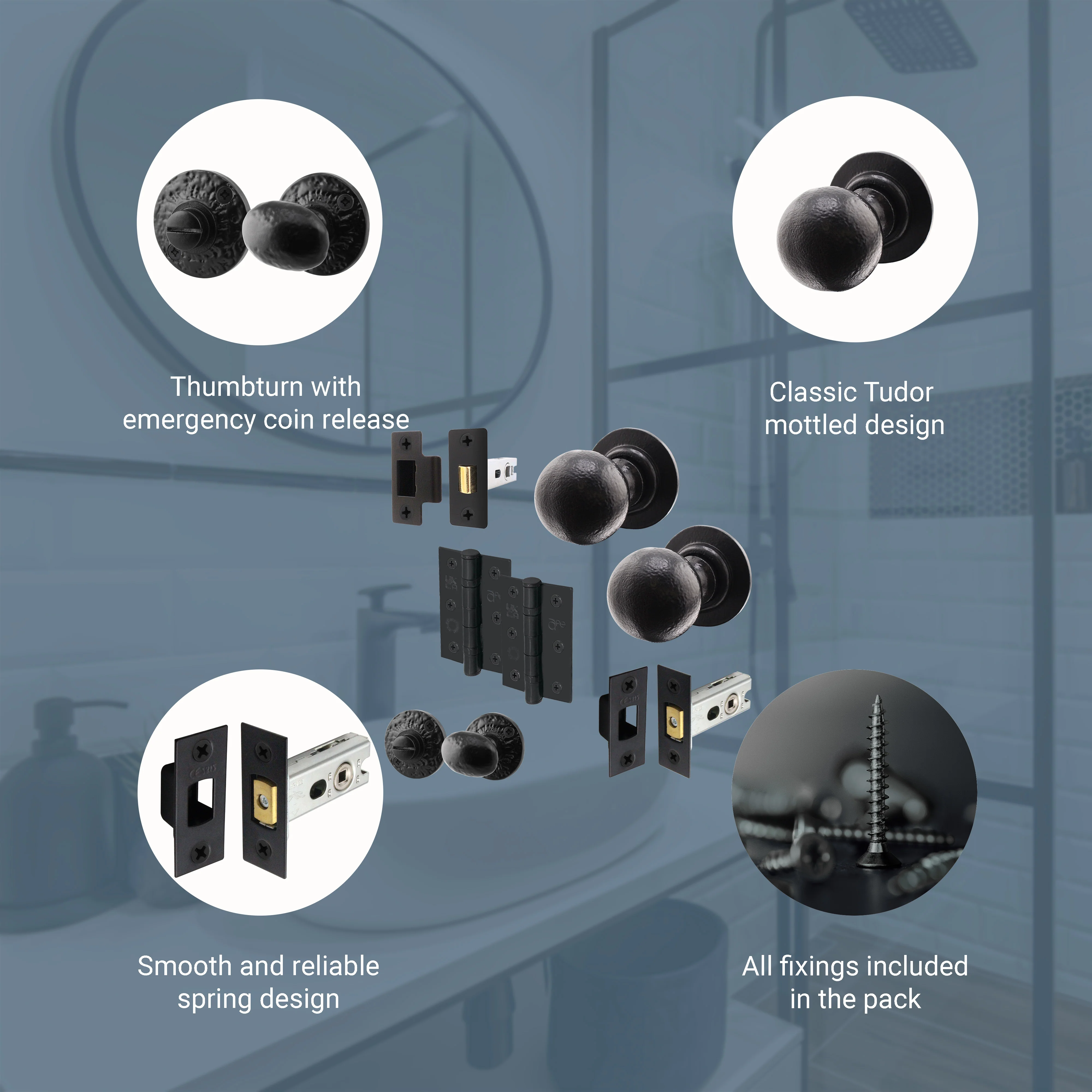 Tudor Black Iron Mortice/Rim Door Knob Kit - 76mm Bathroom Deadbolt & Latch - 76mm Hinges - Image 4