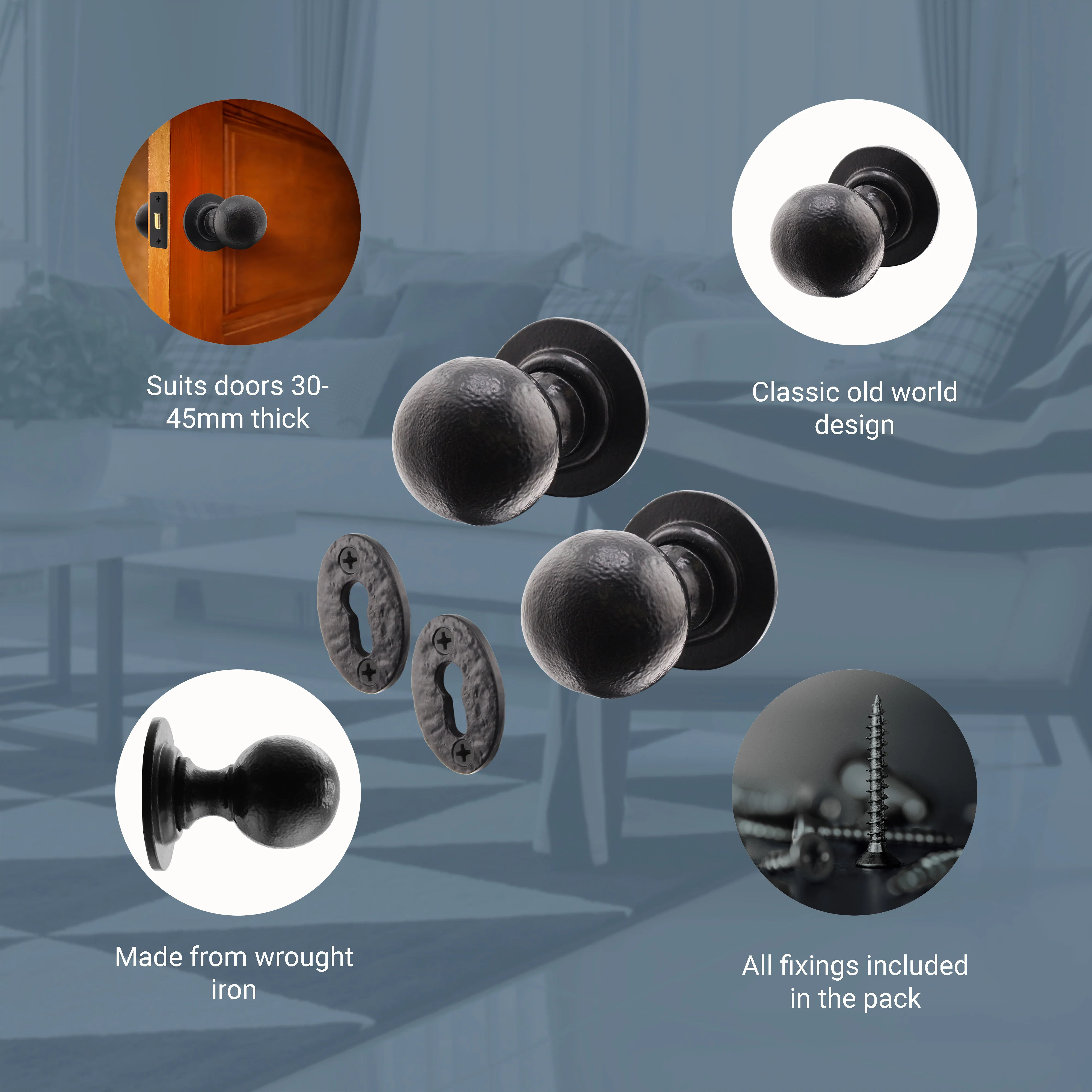 Tudor Black Iron Mortice/Rim Door Knob With Escutcheon - Image 4