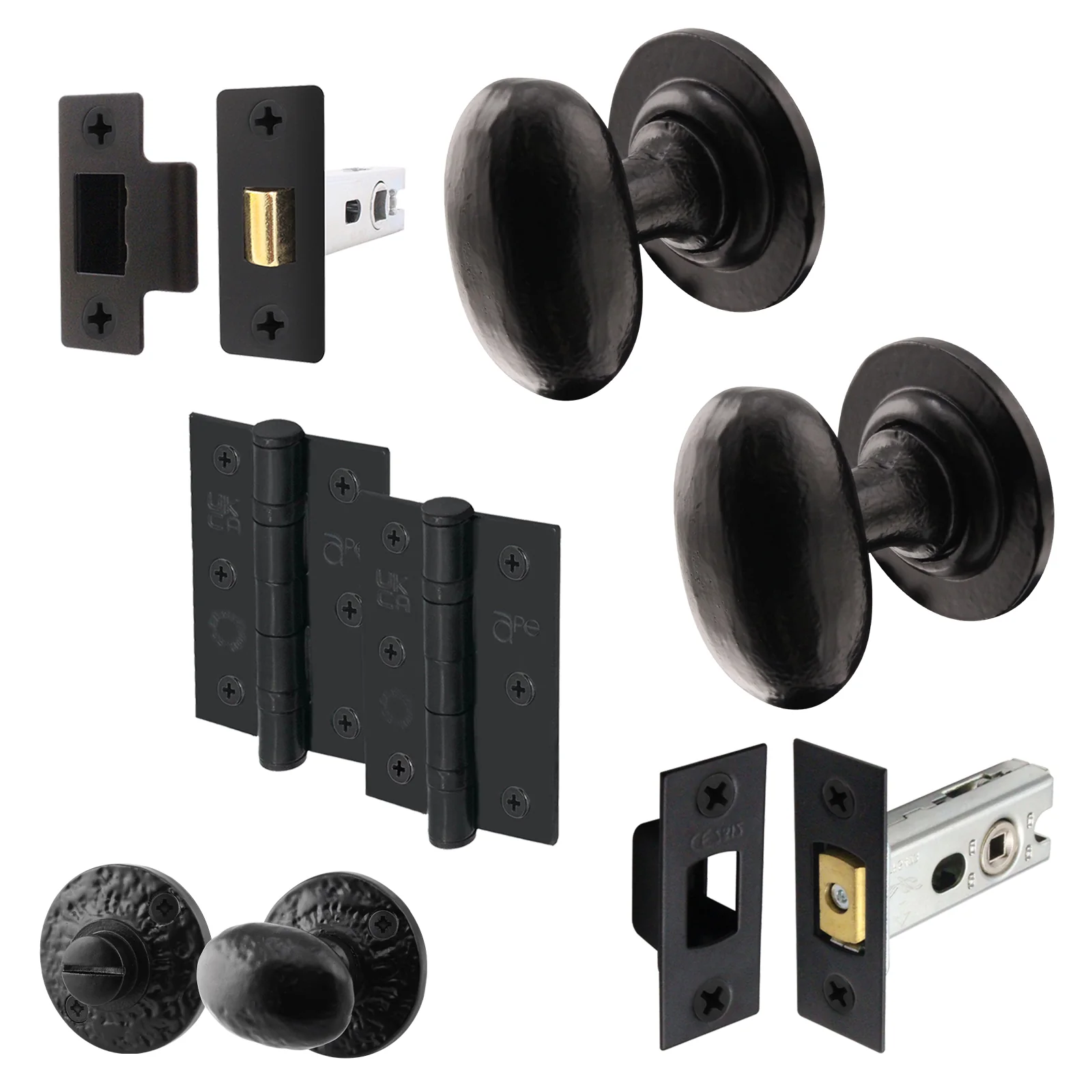 Tudor Black Iron Oval Mortice/Rim Door Knob Kit - 76mm Bathroom Deadbolt & Latch - 76mm Hinges