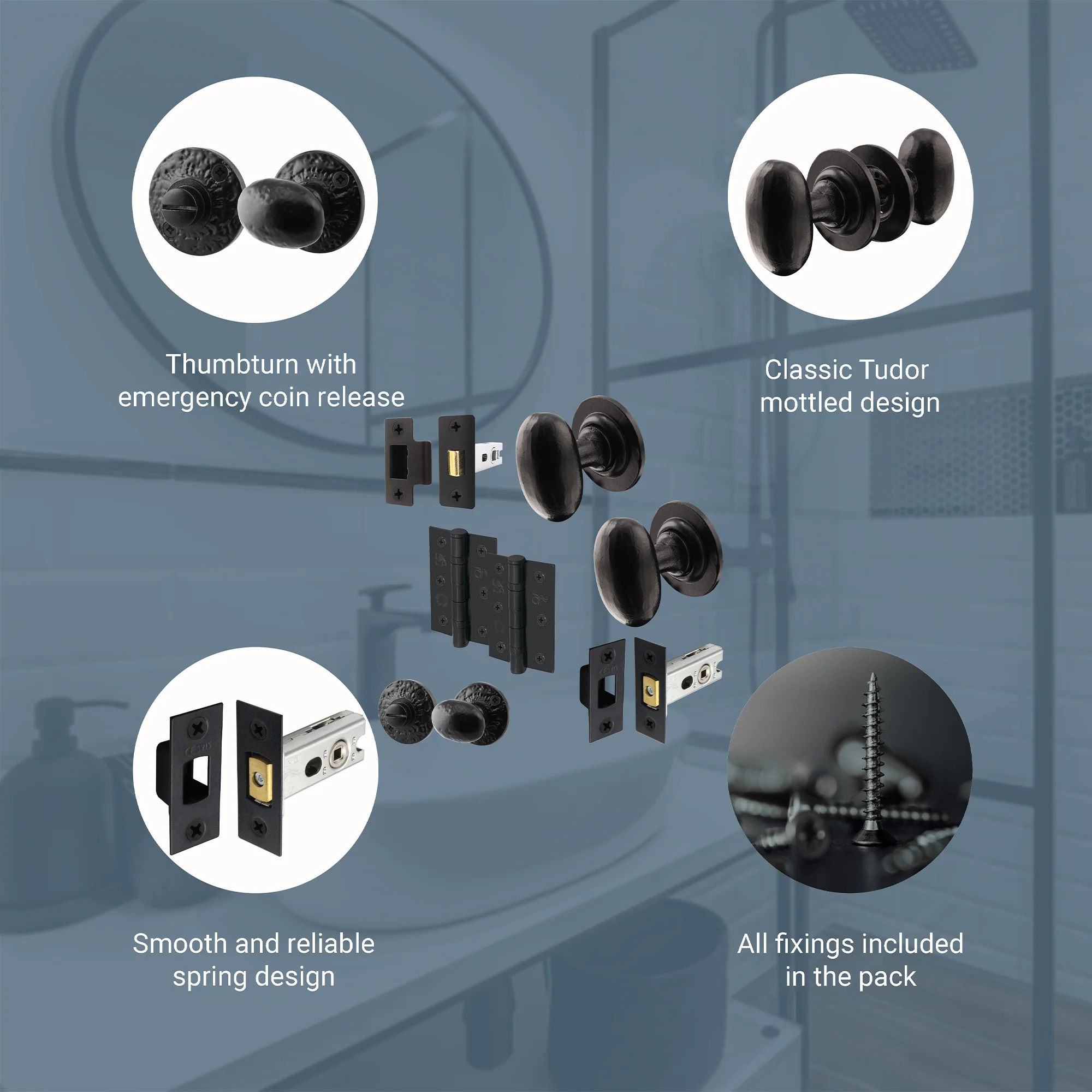 Tudor Black Iron Oval Mortice/Rim Door Knob Kit - 76mm Bathroom Deadbolt & Latch - 76mm Hinges - Image 4