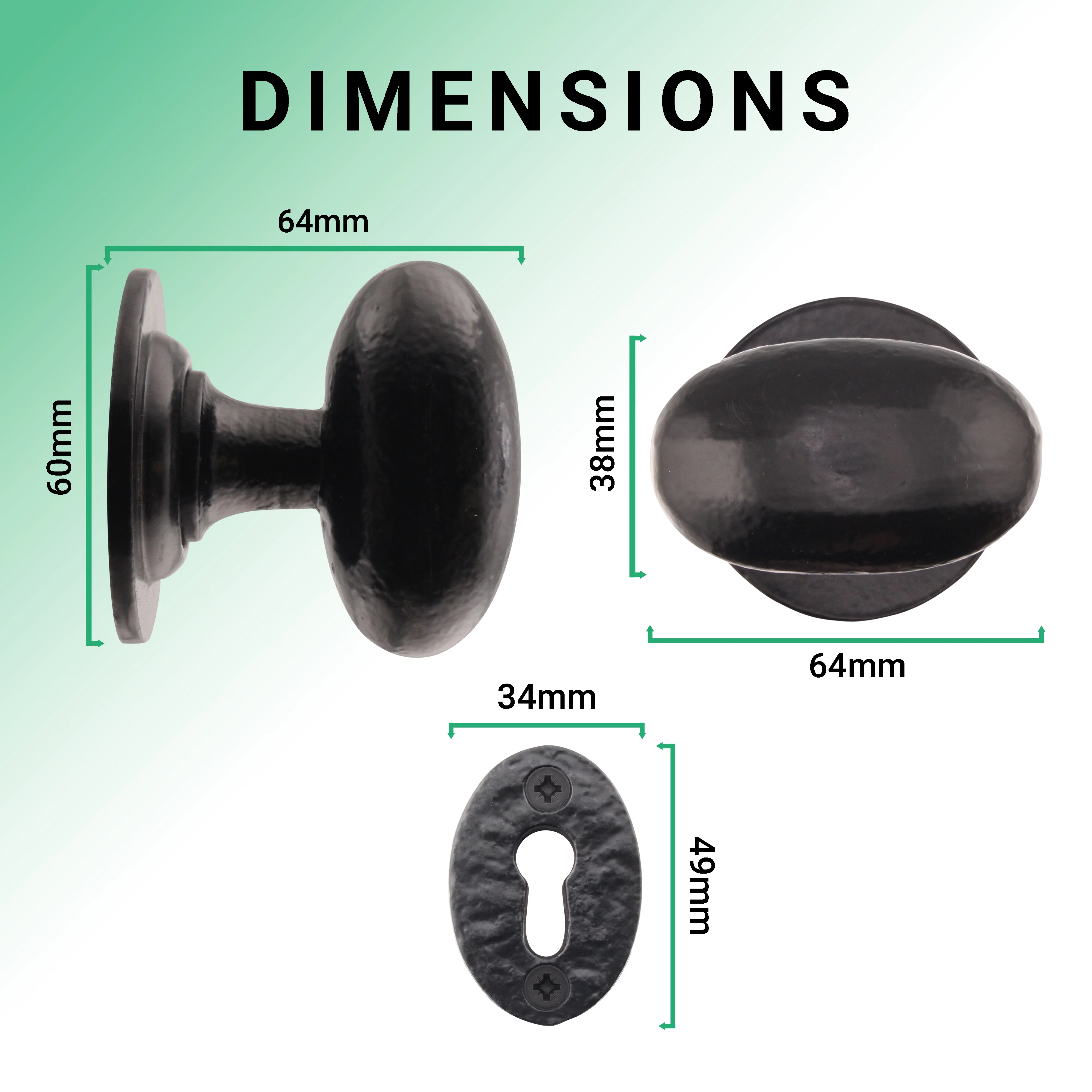 Tudor Black Iron Oval Mortice/Rim Door Knob With Escutcheon - Image 3