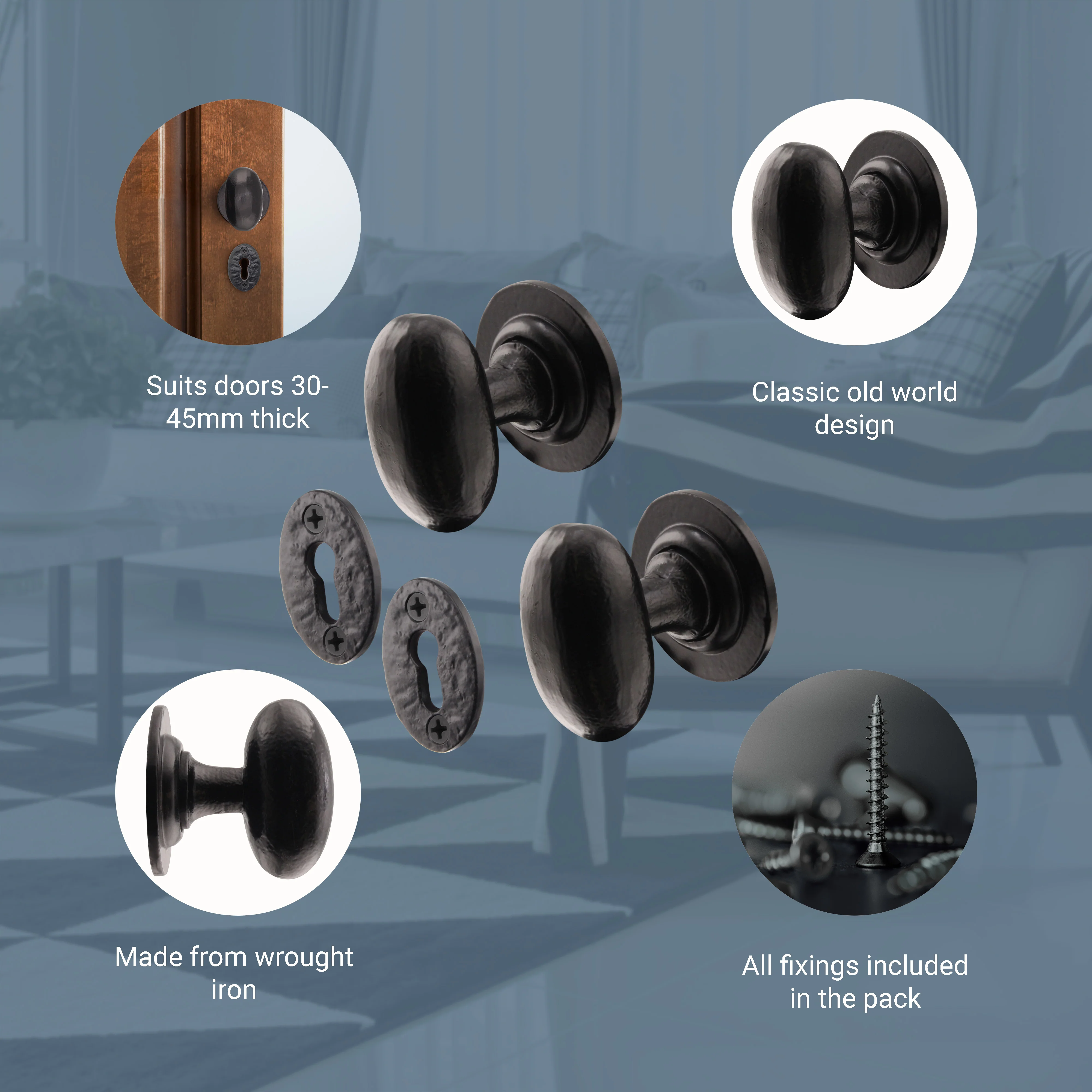 Tudor Black Iron Oval Mortice/Rim Door Knob With Escutcheon - Image 4