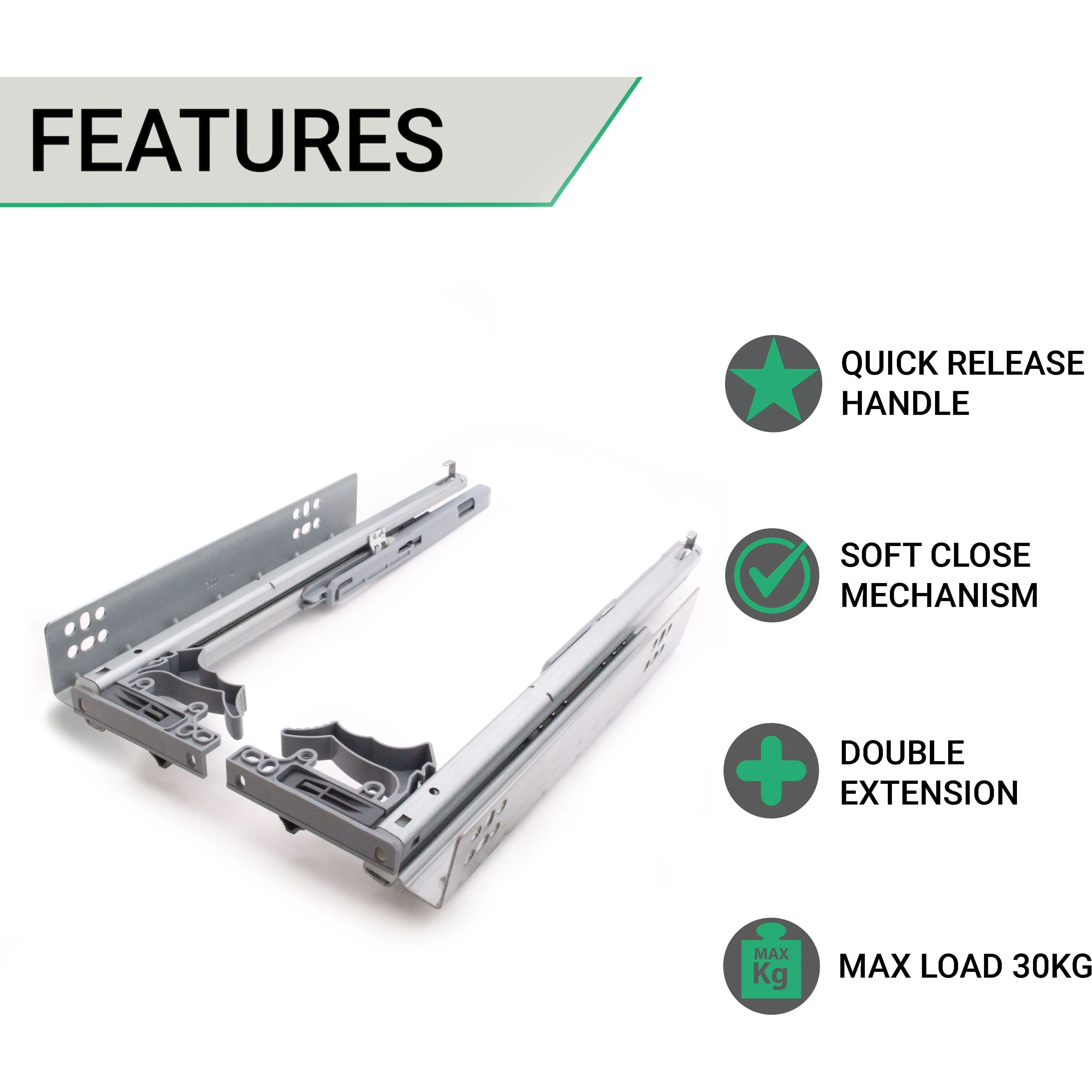Soft Close Concealed Undermount Drawer Runners Double Extension 30kg Max 350mm - Image 2