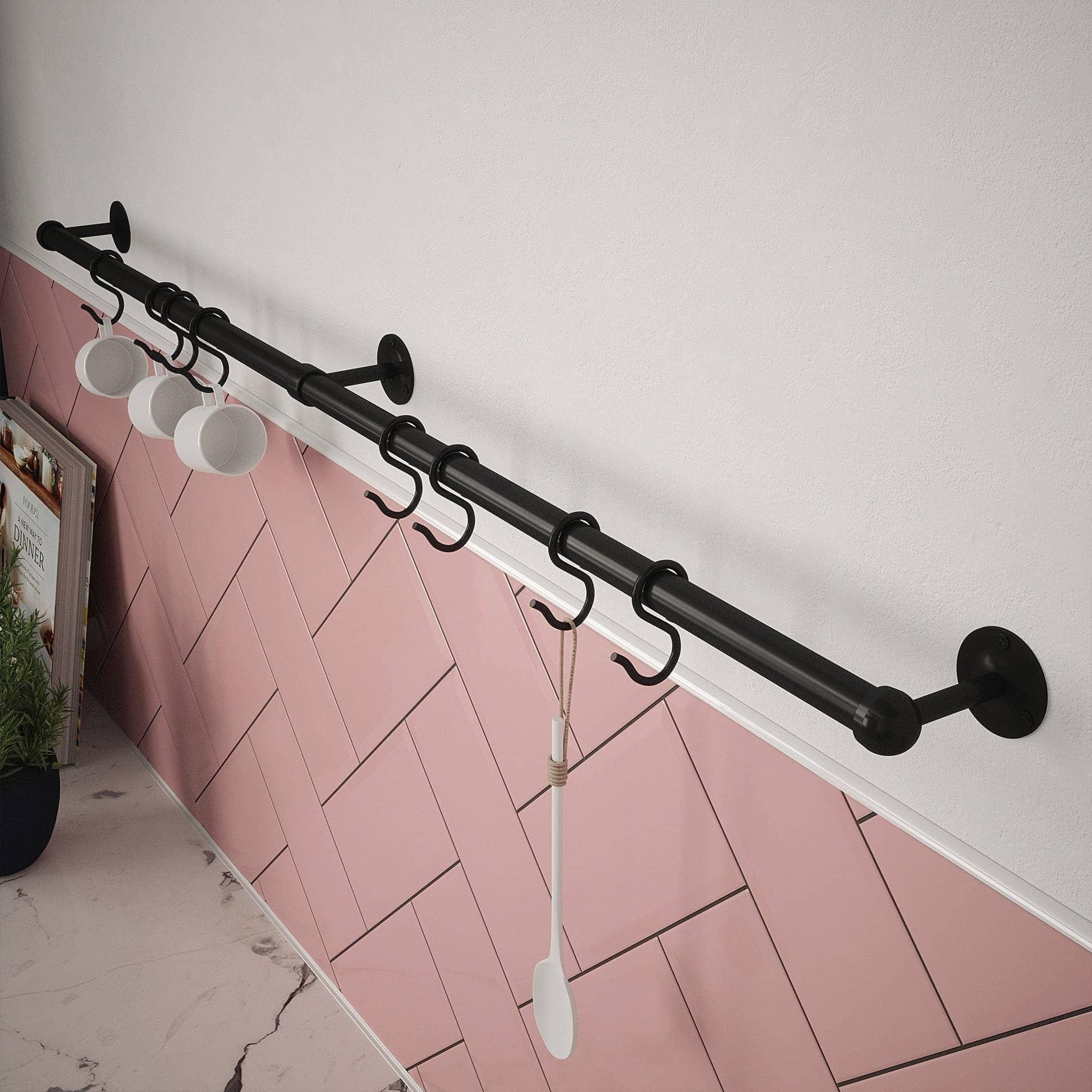 Kitchen Tool Holder Utensil Hanging Rack Storage Rail Kit 8 Hooks & Fixings 1000x19mm Matt Black
