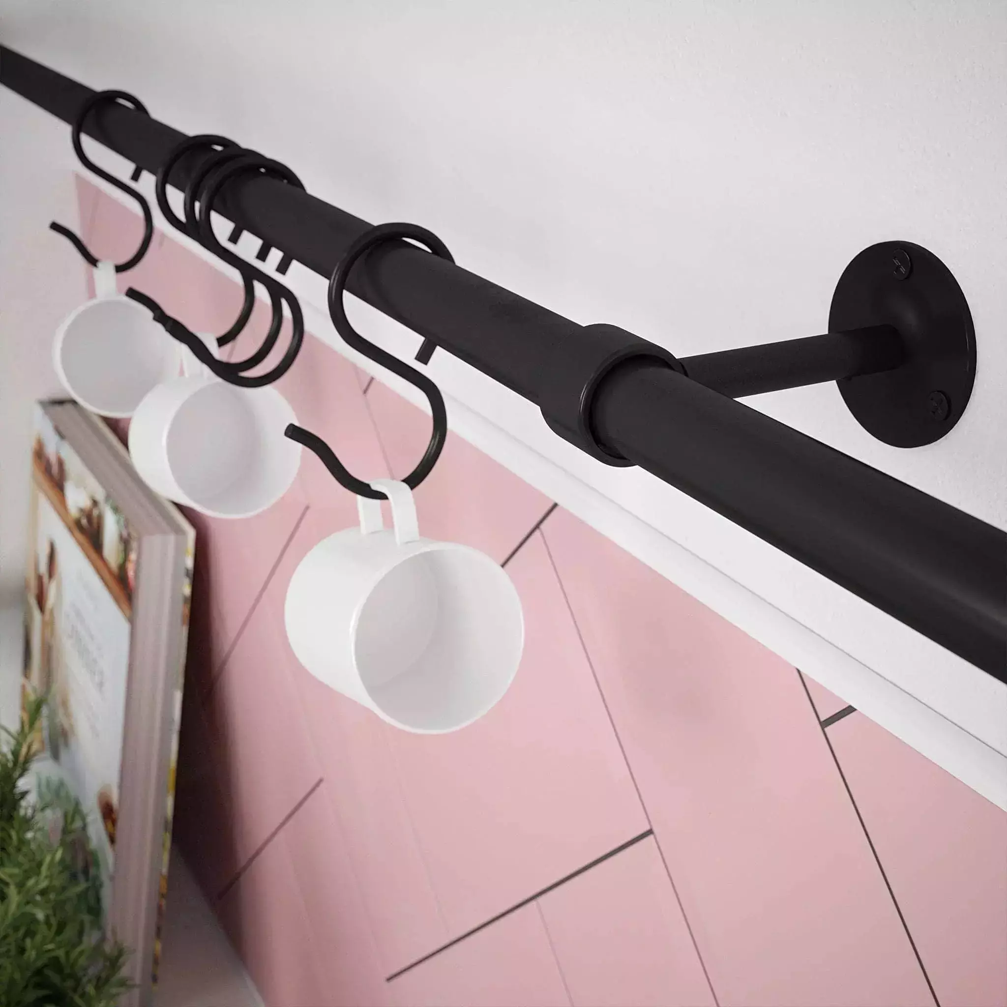 Kitchen Tool Holder Utensil Hanging Rack Storage Rail Kit 8 Hooks & Fixings 1000x19mm Matt Black - Image 2
