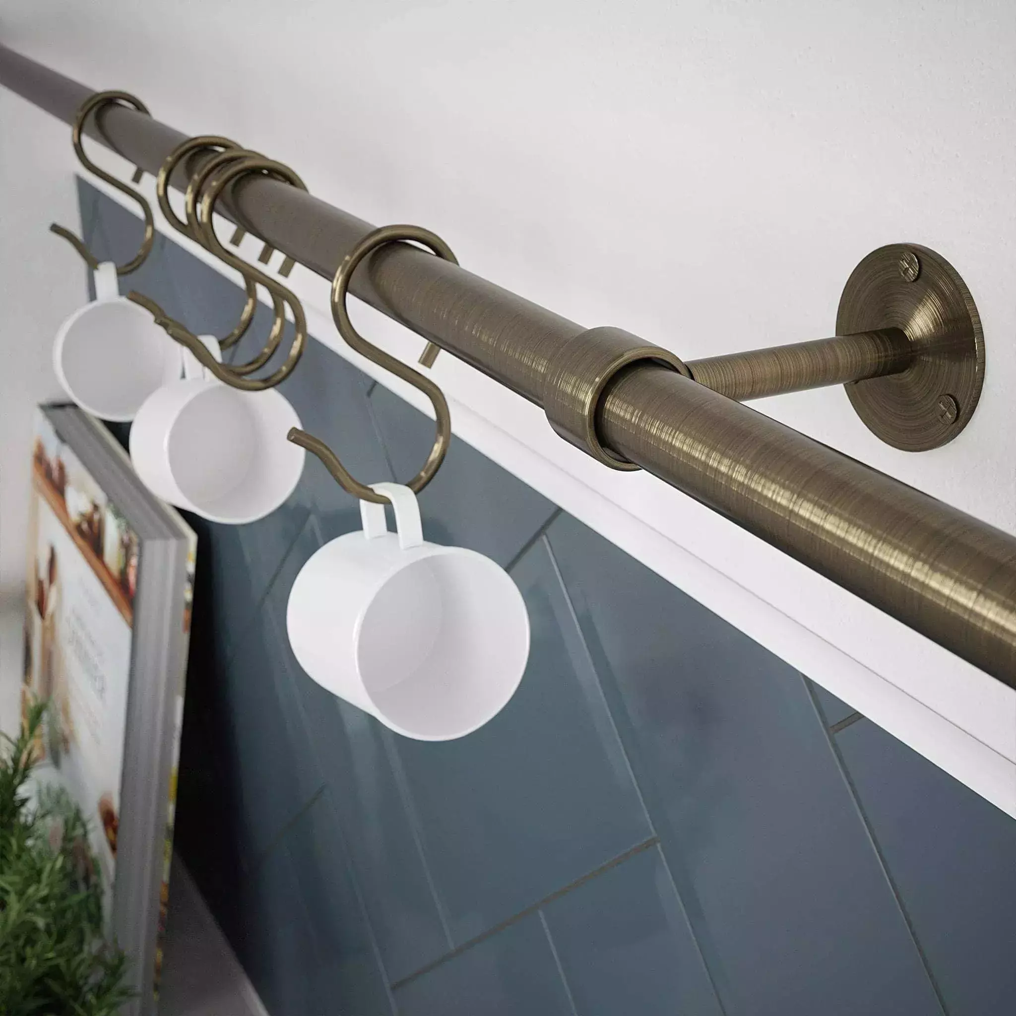 Kitchen Tool Holder Utensil Hanging Rack Storage Rail Kit 8 Hooks & Fixings 600x19mm Antique Brass - Image 2