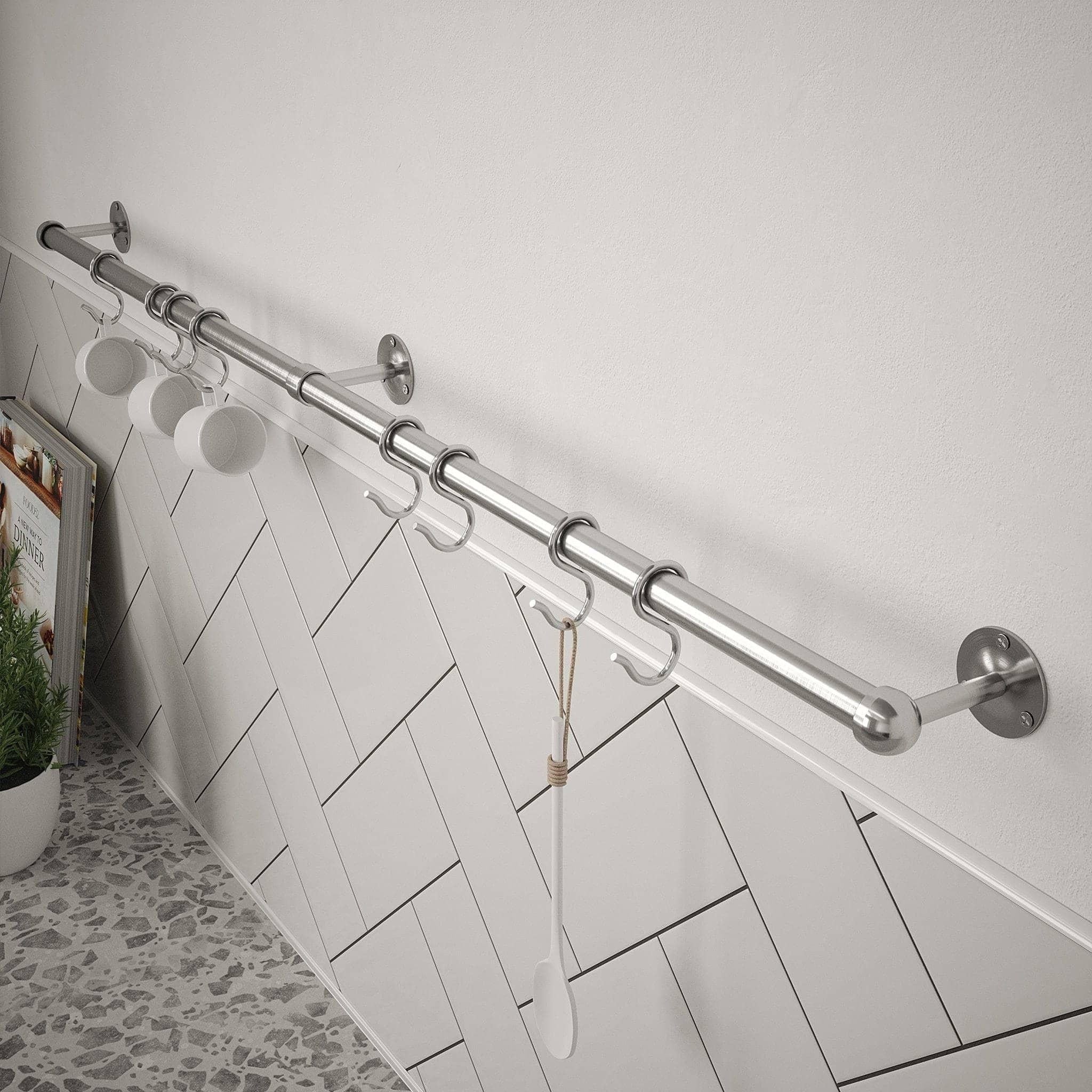 Kitchen Tool Holder Utensil Hanging Rack Storage Rail Kit 8 Hooks & Fixings 600x19mm Brushed Chrome