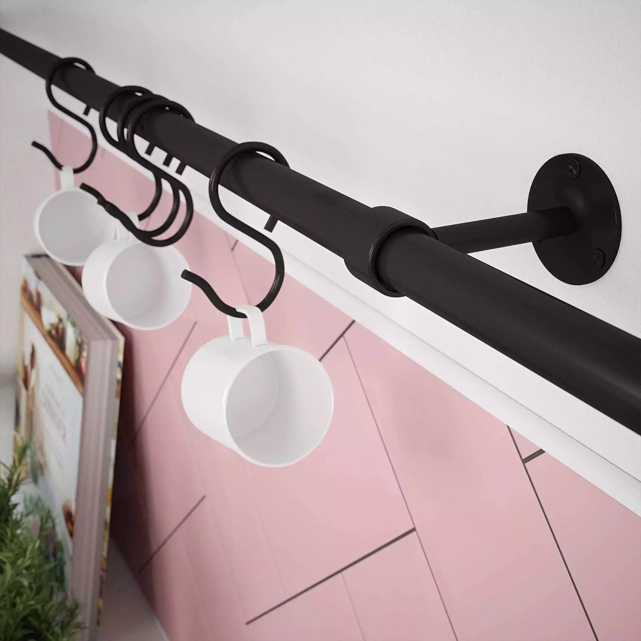 Kitchen Tool Holder Utensil Hanging Rack Storage Rail Kit 8 Hooks & Fixings 600x19mm Matt Black - Image 2