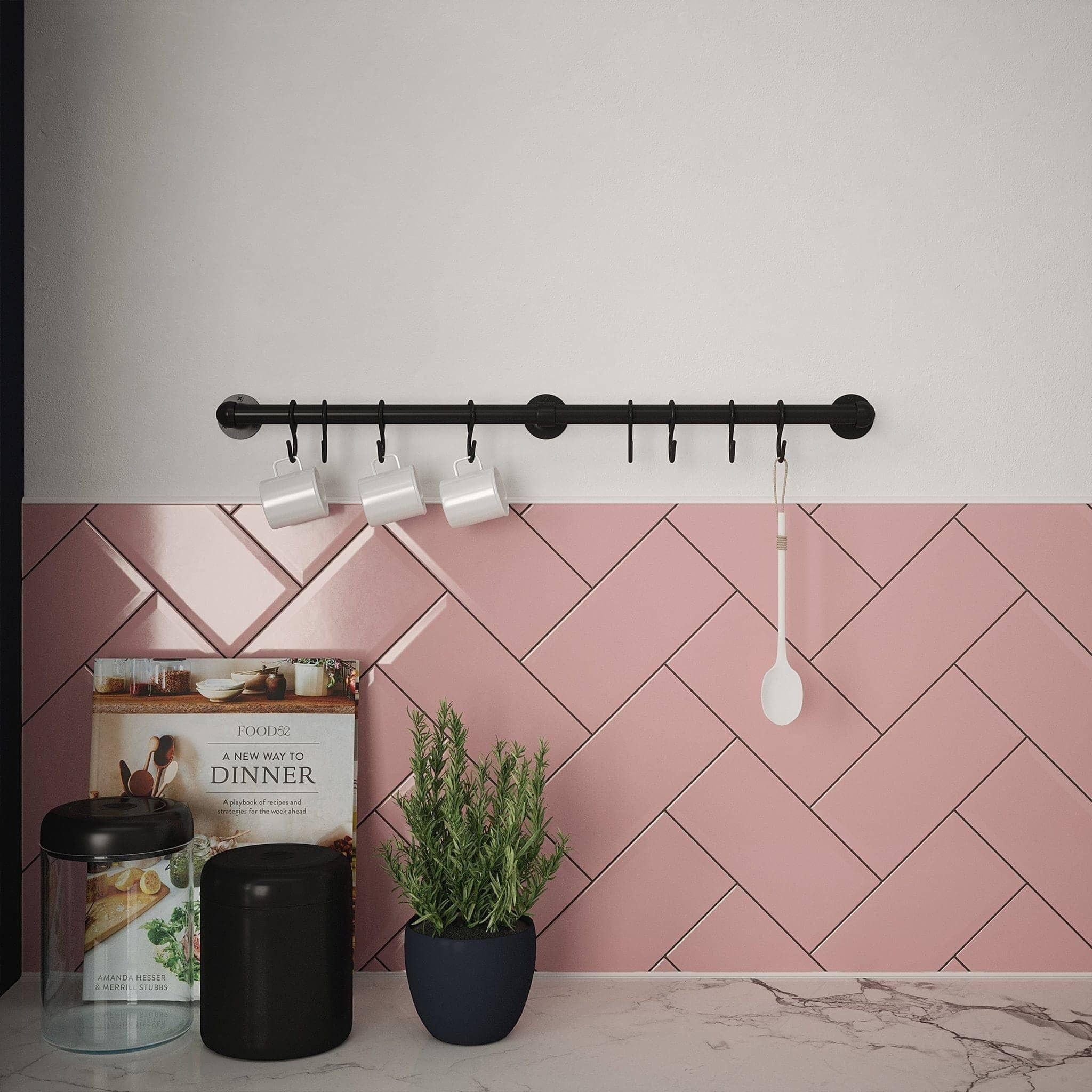 Kitchen Tool Holder Utensil Hanging Rack Storage Rail Kit 8 Hooks & Fixings 600x19mm Matt Black - Image 3