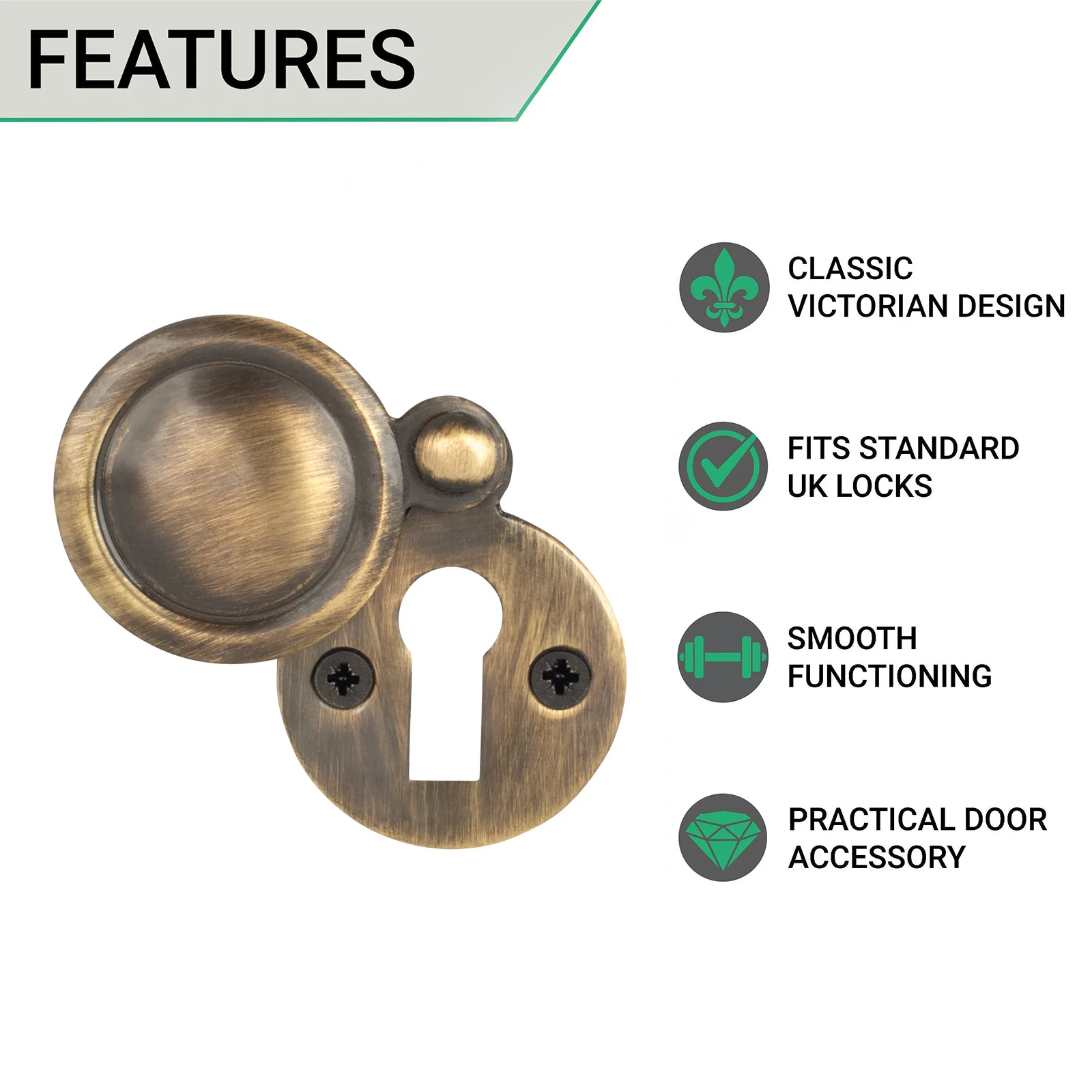 Victorian Keyhole Covered Escutcheon for Front Doors - 34mm - Antique Brass - Image 3