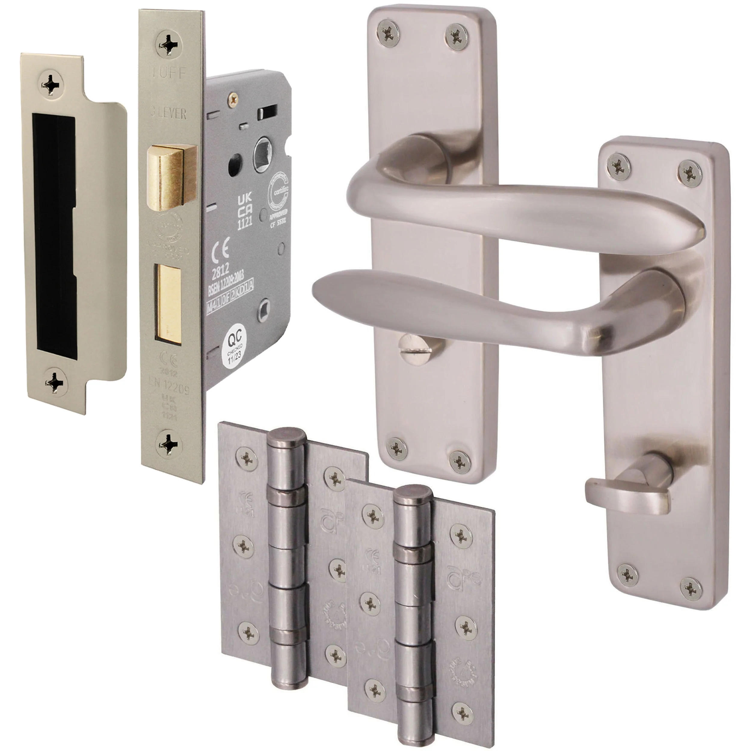 Sassari Satin Nickel Lever Door Handle Pack - 64mm Bathroom Lock