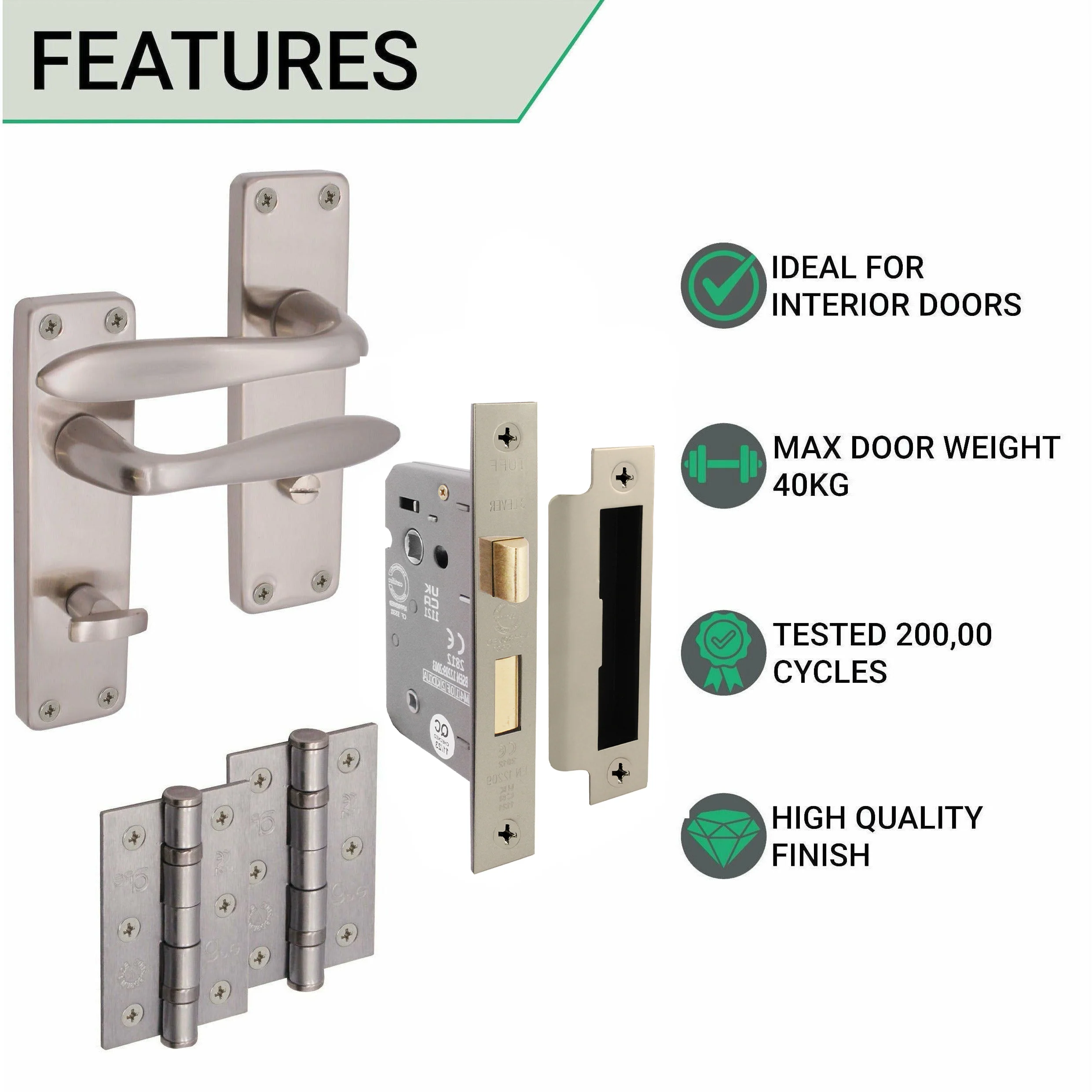 Sassari Satin Nickel Lever Door Handle Pack - 64mm Bathroom Lock - Image 2