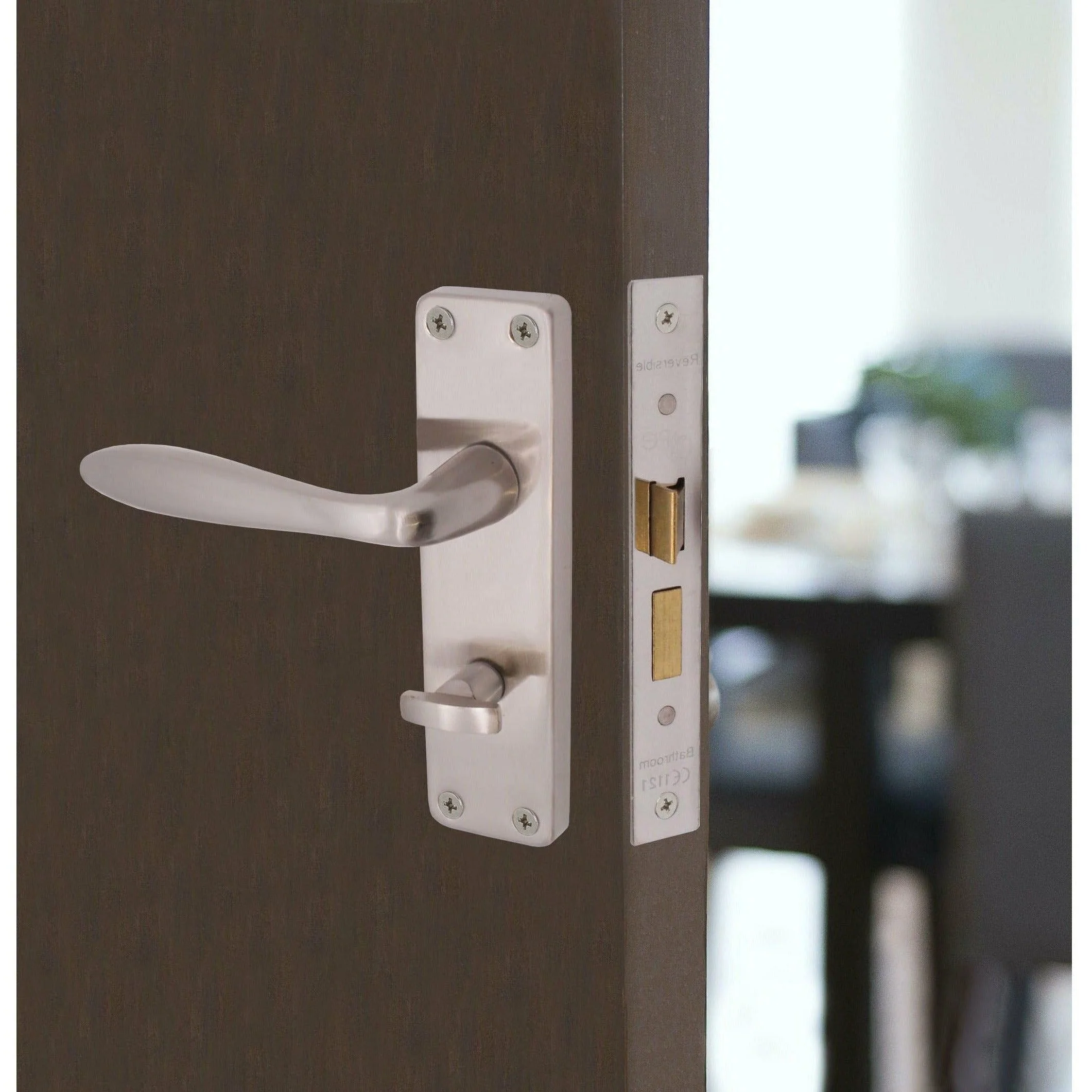 Sassari Satin Nickel Lever Door Handle Pack - 64mm Bathroom Lock - Image 5