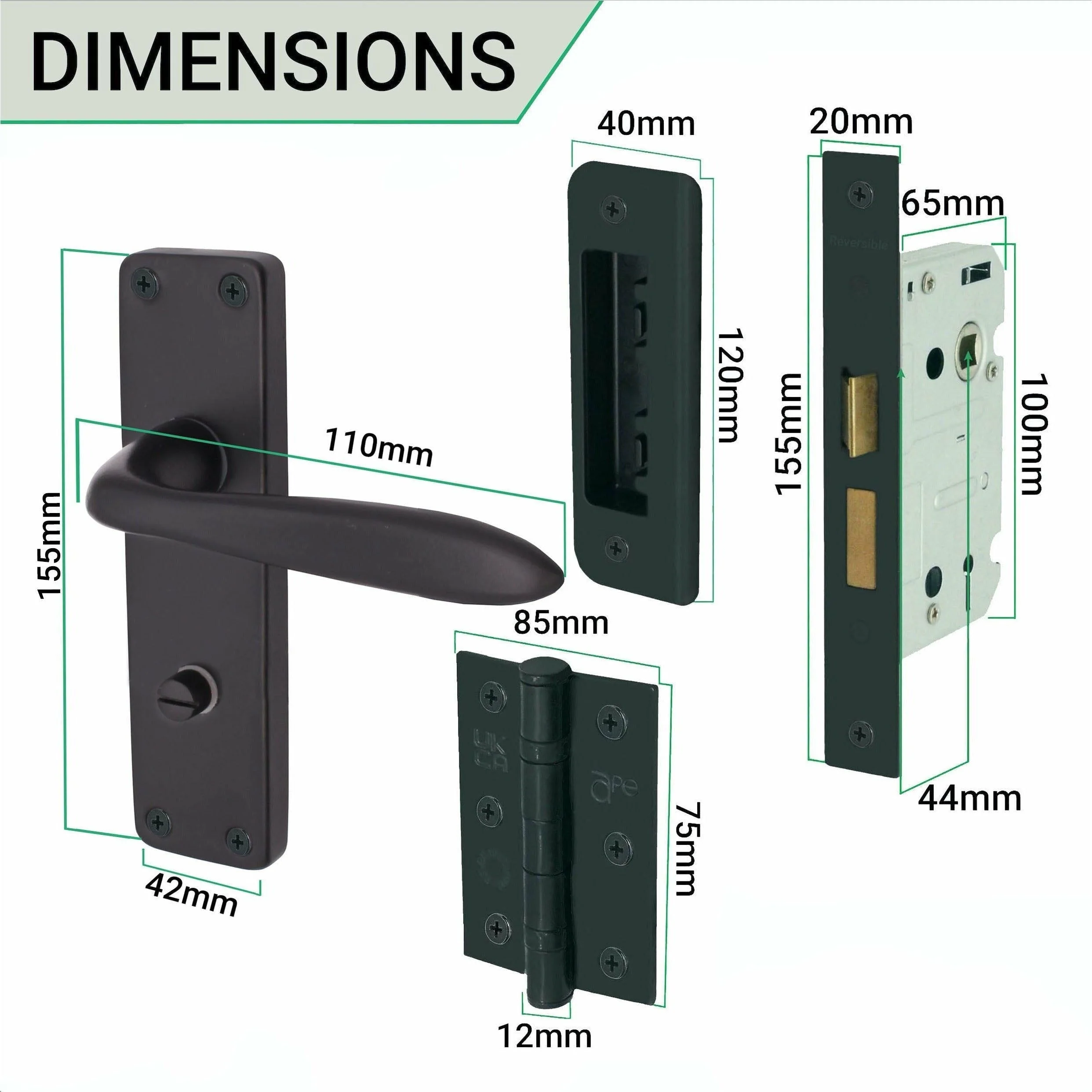 Sassari Matt Black Lever Door Handle Pack - 64mm Bathroom Lock - Image 3