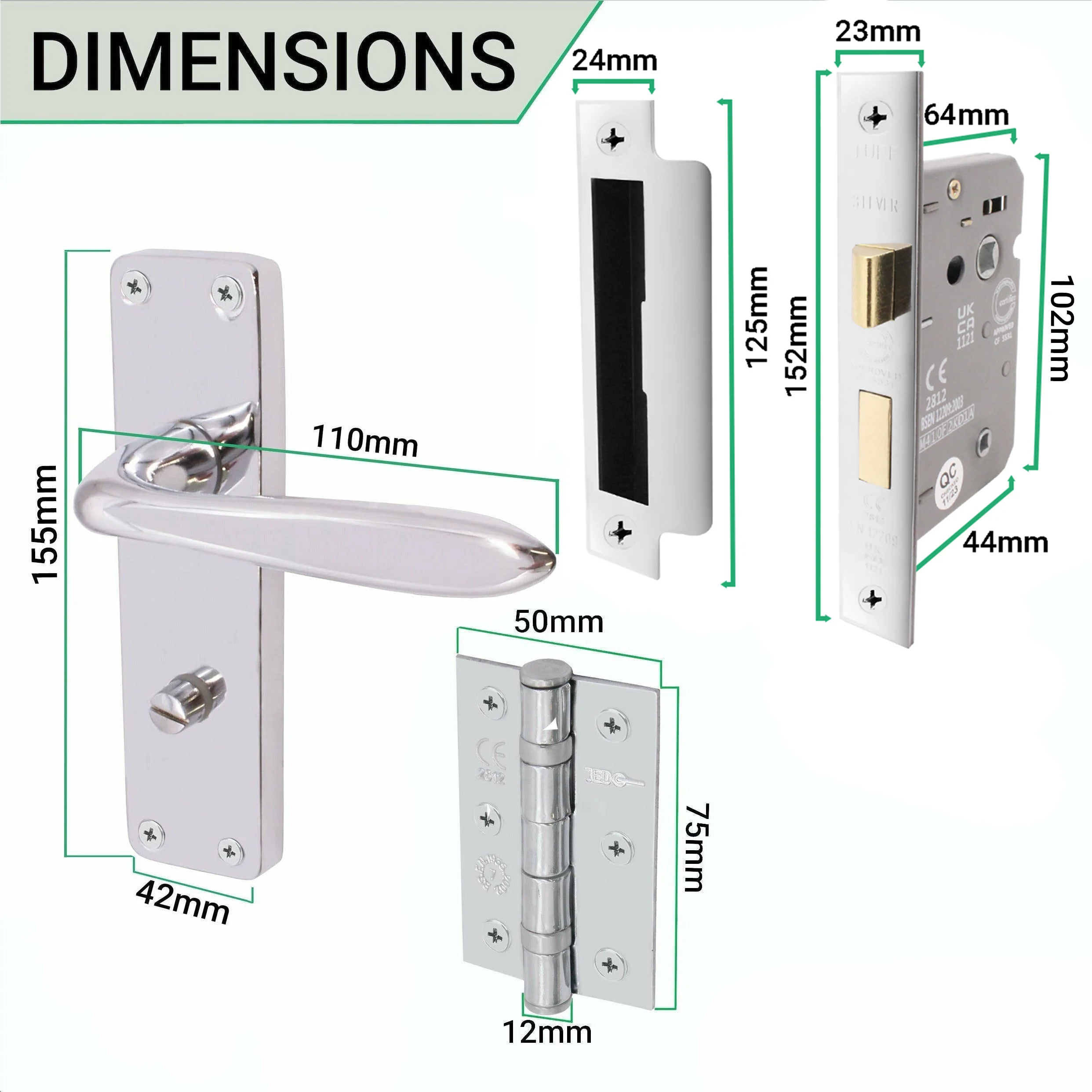 Sassari Polished Chrome Lever Door Handle Pack - 64mm Bathroom Lock - Image 3