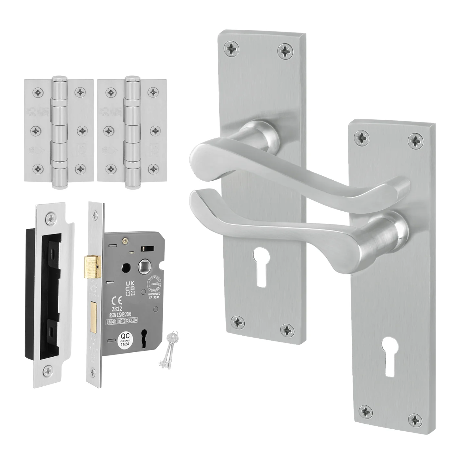 Victorian Scroll Satin Chrome Lever Door Handle Pack - 64mm Sashlock