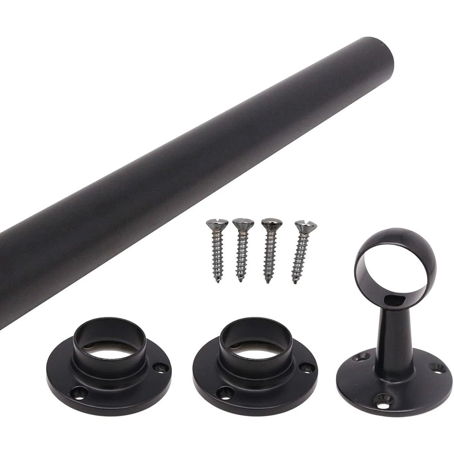 Wardrobe Rail Kit - Black - 25mm Tube - 1219mm Rail with 2x End Sockets & 1x Centre Brackets - 25 x 1219 mm