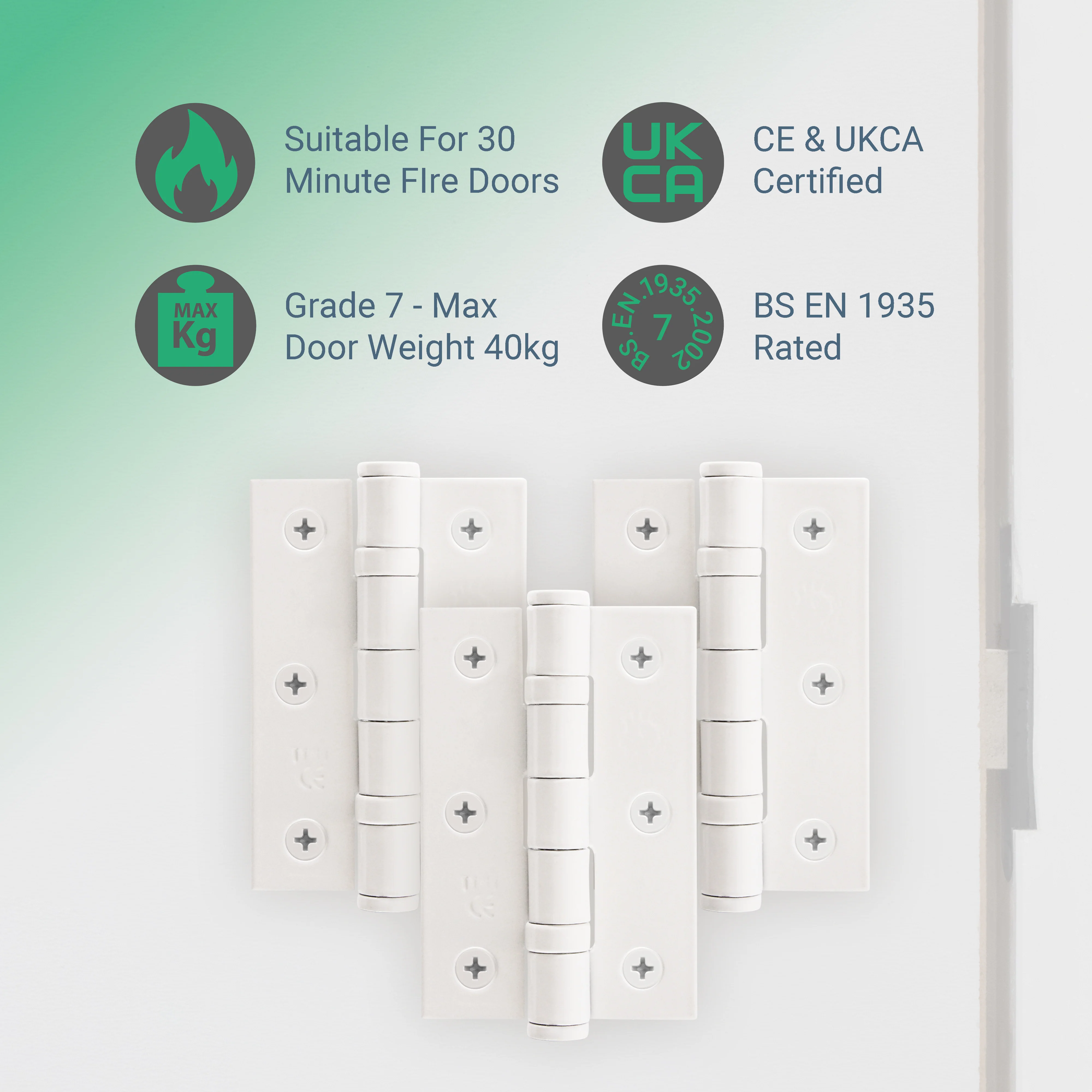 White Fire Door Hinges - 3 Inch/76mm - Grade 7 Steel Ball Bearing - Pack of 3 Hinges - Image 2