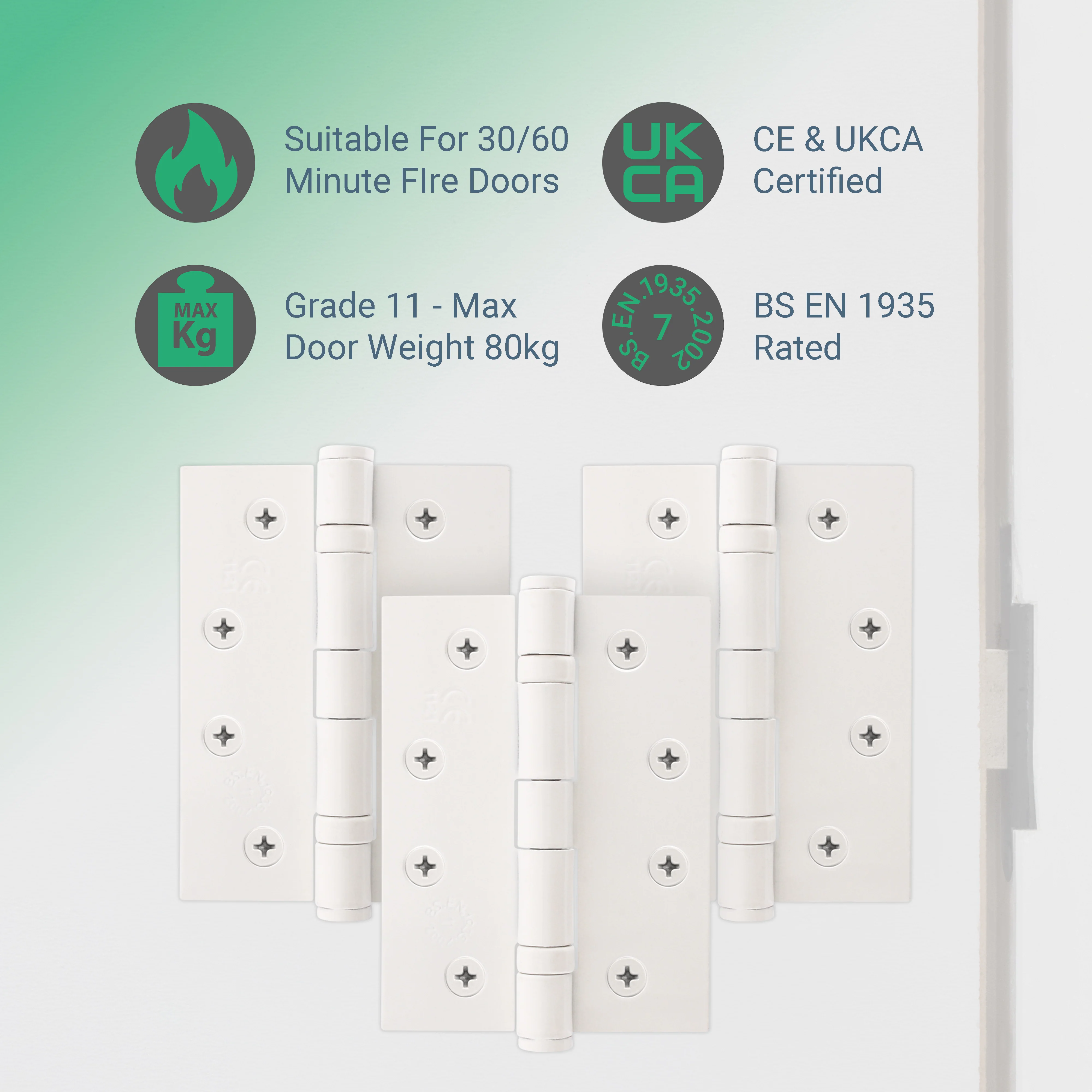 White Fire Door Hinges – 4 Inch/102mm – Grade 11 Steel Ball Bearing – Pack of 3 Hinges - Image 2