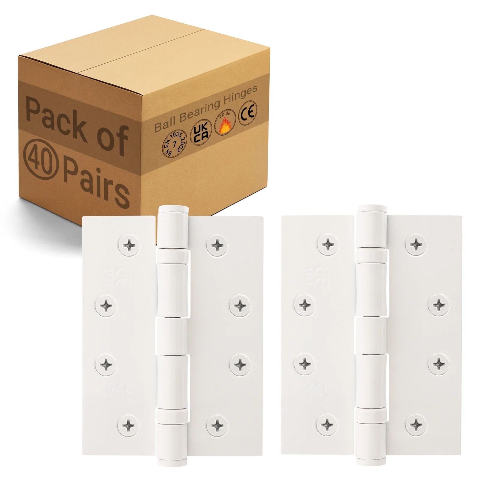 White Fire Door Hinges – 4 Inch/102mm – Grade 11 Steel Ball Bearing – Pack of 40 Pairs