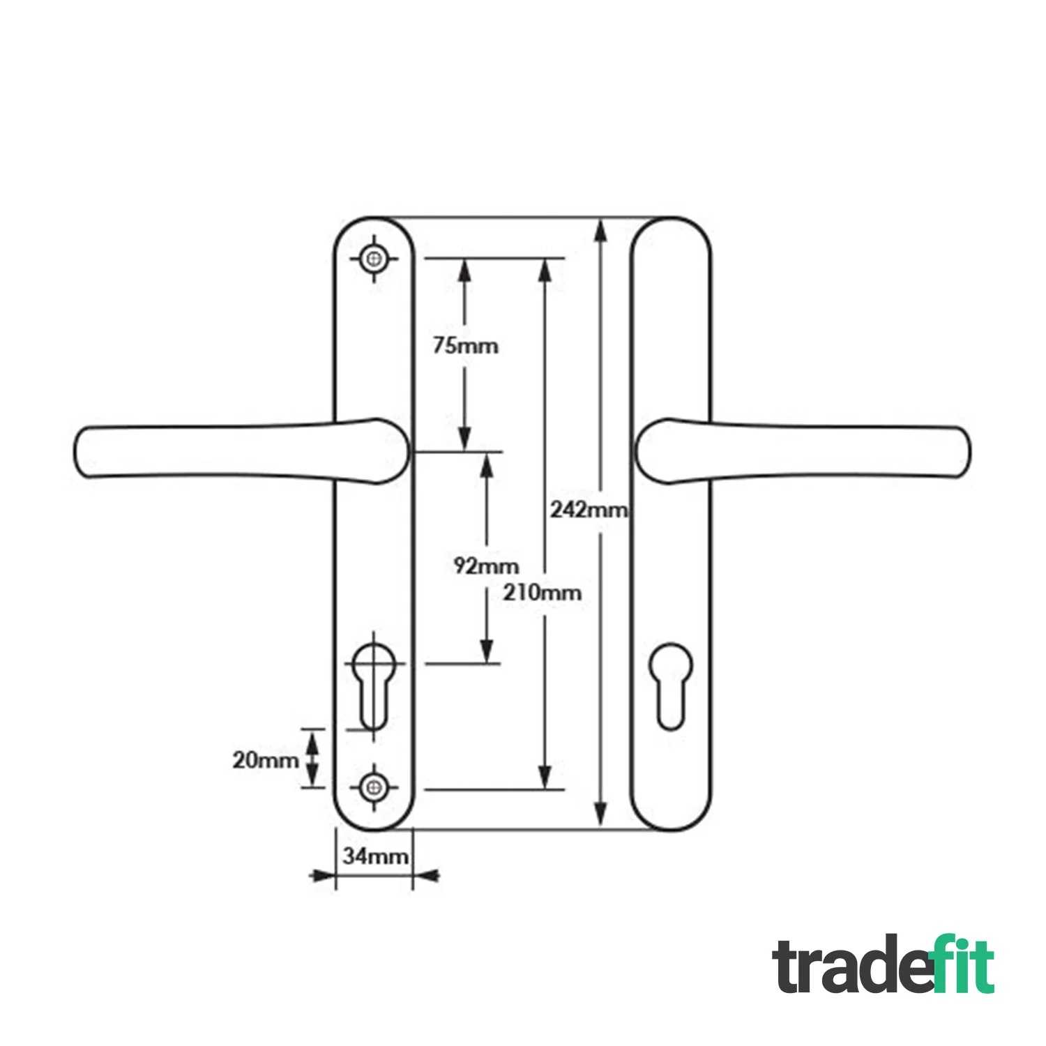 White UPVC Door Handles - 92mm PZ Centres - 210 mm Fixing Centres - 242 x 34mm - Image 2