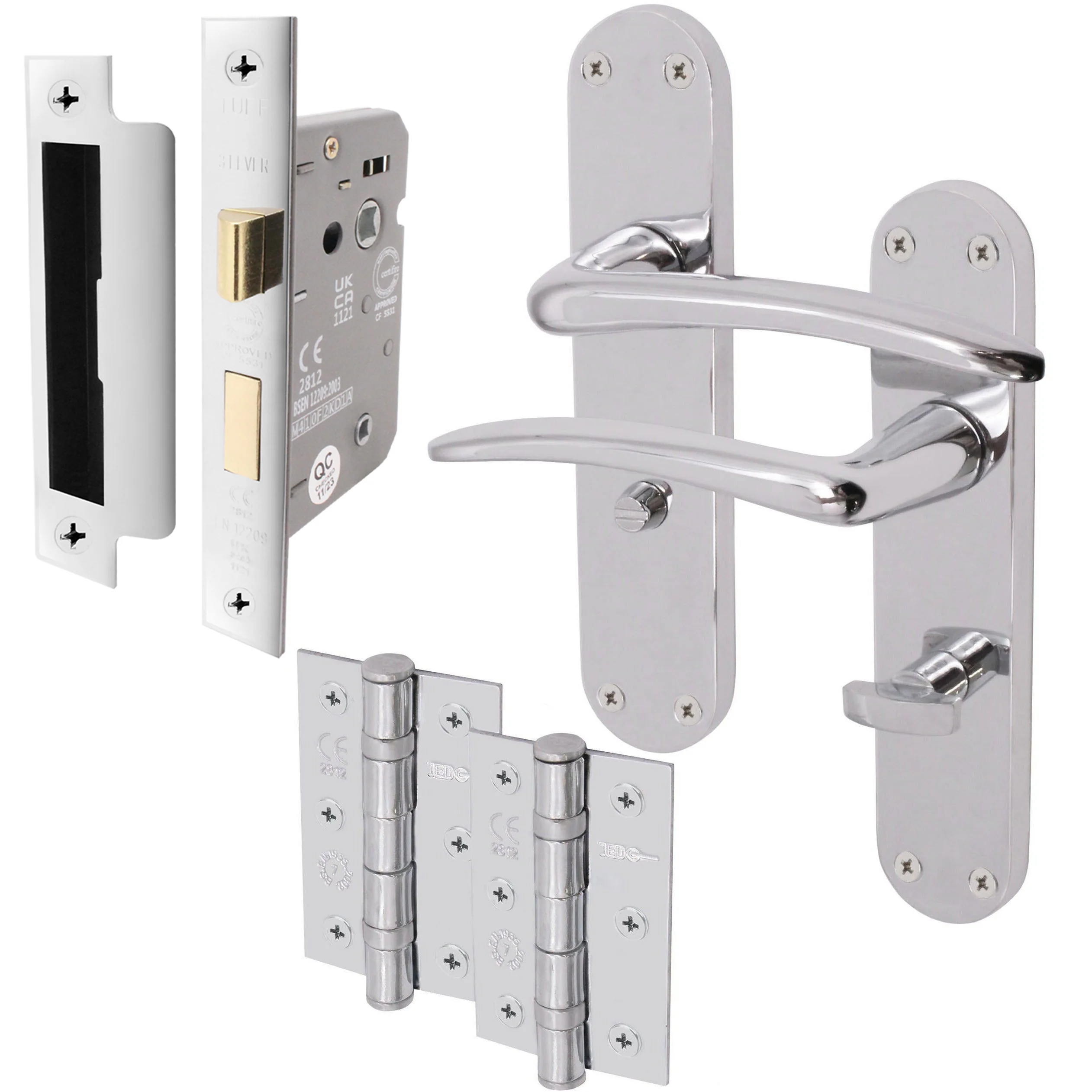 Chrome Lever on Backplate Bathroom Kit / Pack Zeno Design - 66mm Lock - 76mm Hinges - Polished Chrome