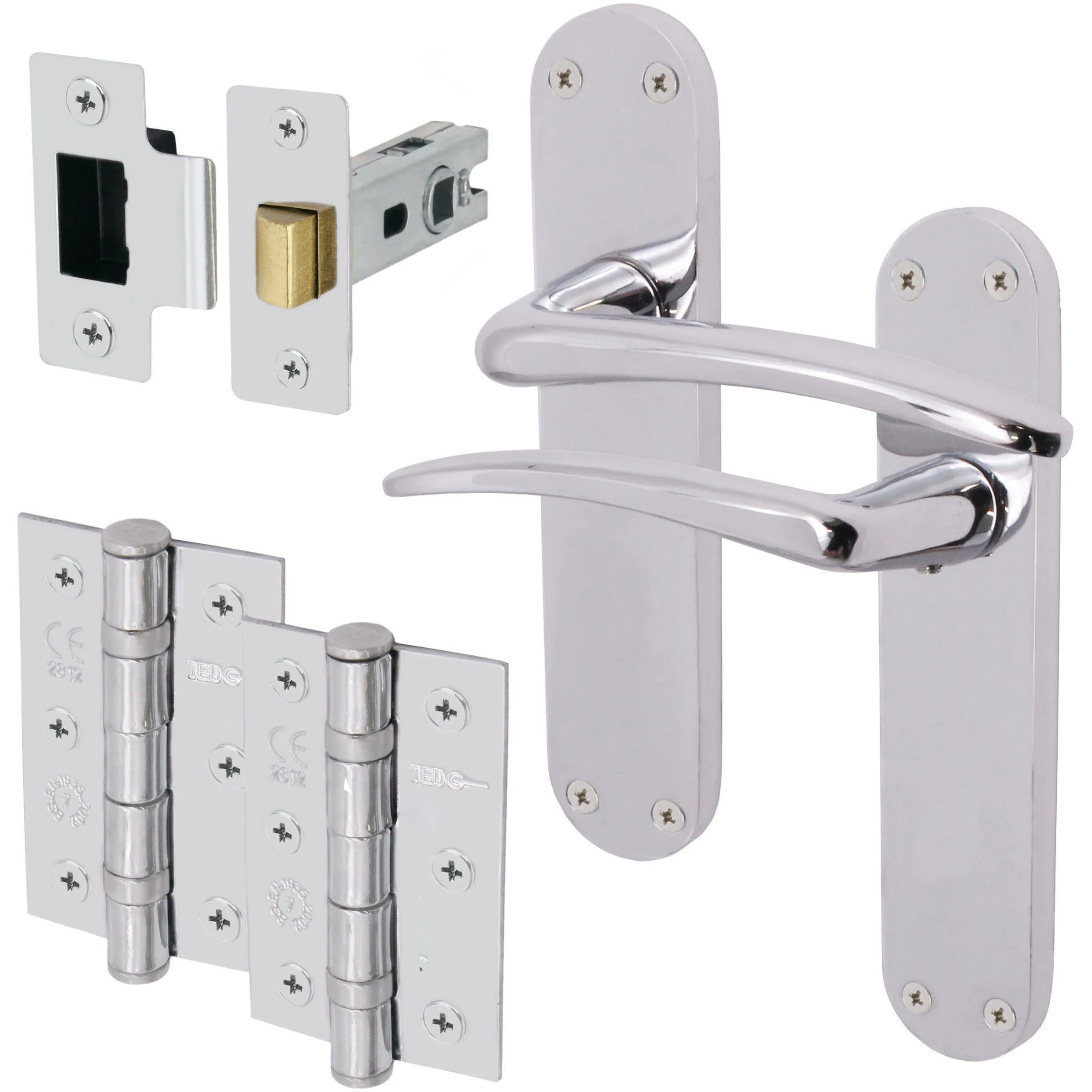 Chrome Lever on Backplate Latch Kit / Pack Zeno Design - 66mm Latch - 76mm Hinges - Polished Chrome