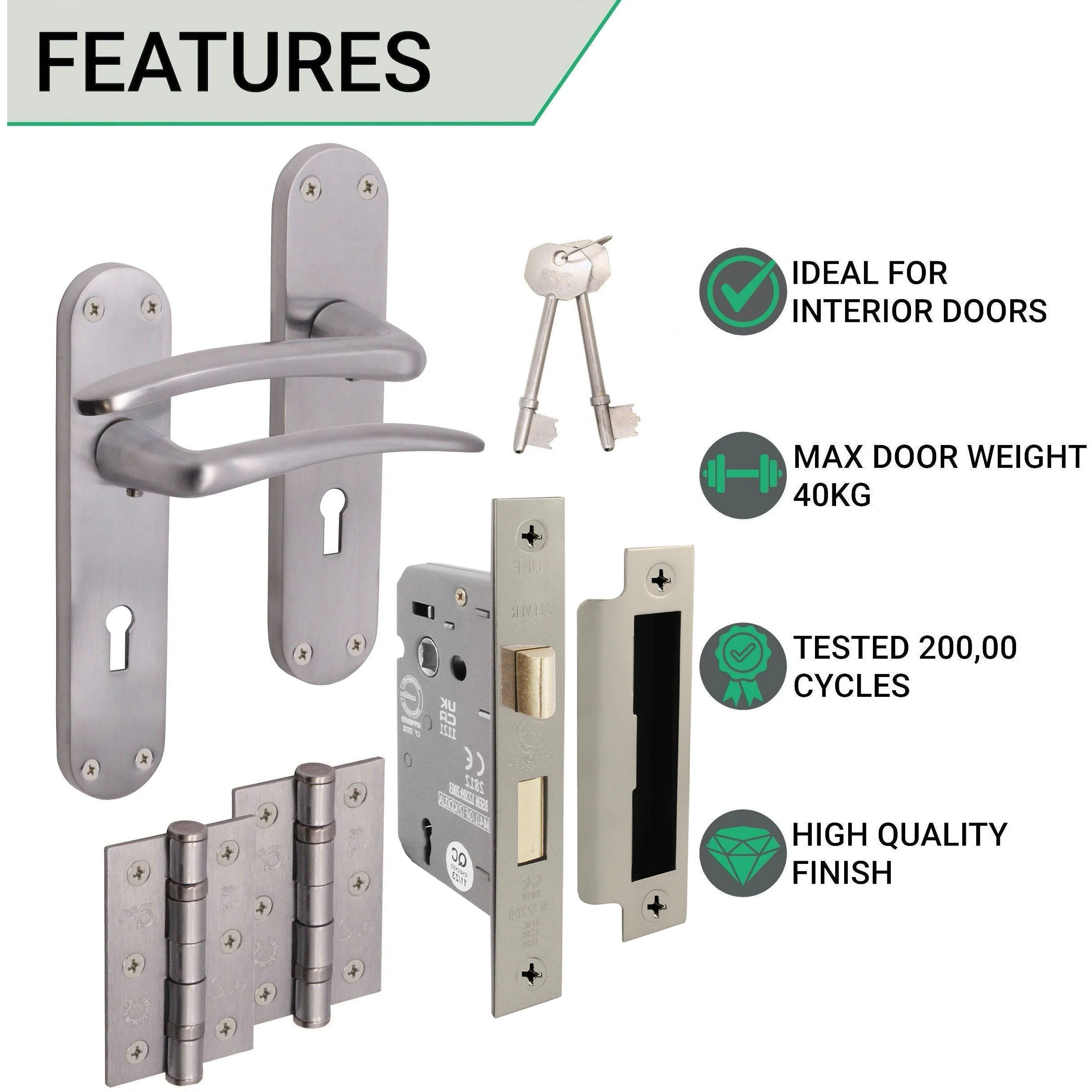 Satin Lever on Backplate Lock Kit / Pack Zeno Design - 66mm Lock - 76mm Hinges - Satin Chrome - Image 2